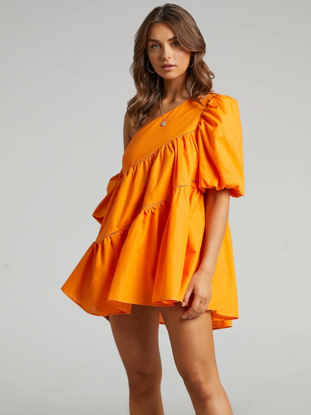 SHOWPO | Harleen Mini Dress
Linen Asymmetrical Trim Puff Sleeve Dress In Orange - Picture 3 of 8